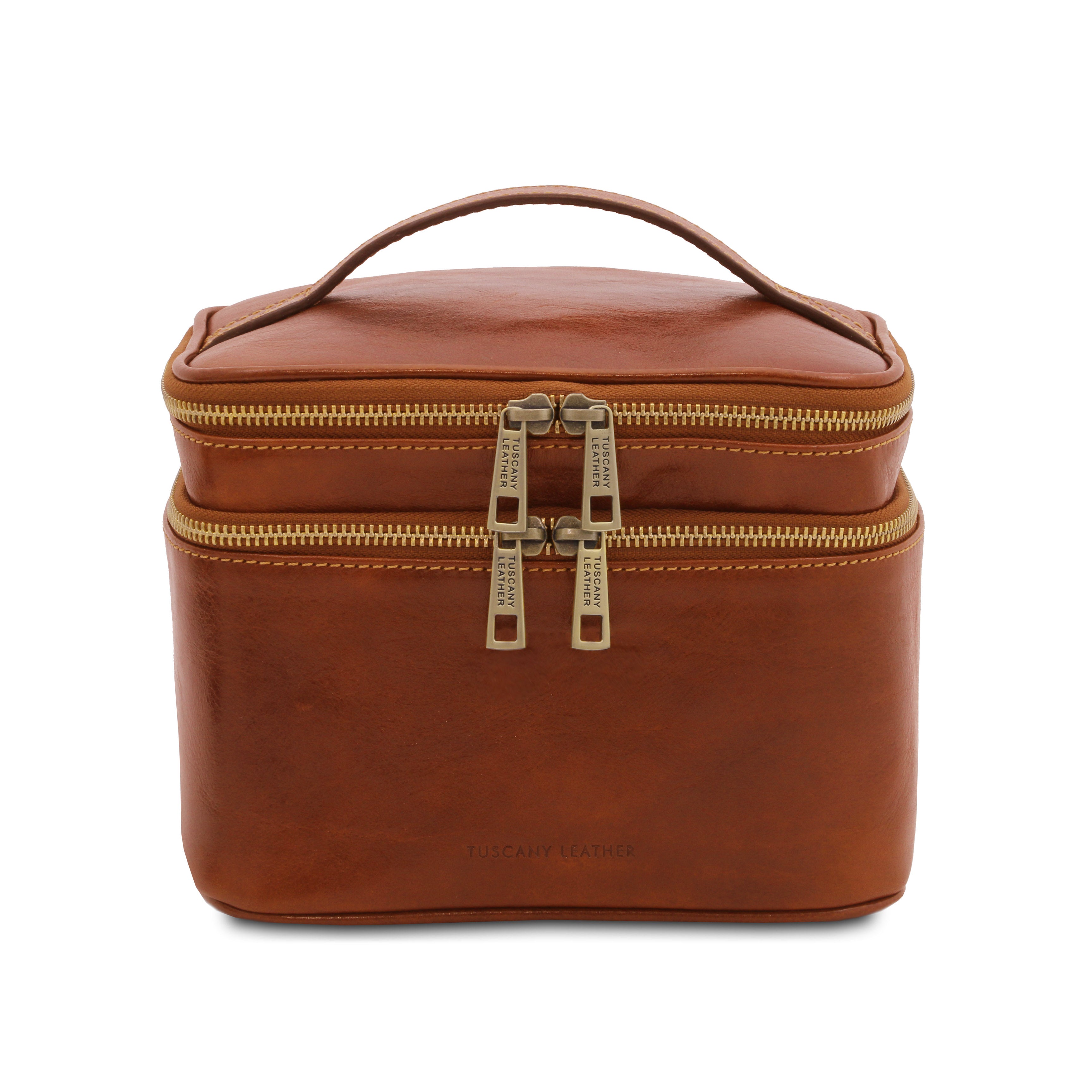 Eliot sminkväska i honungsfärgat läder – frontvy