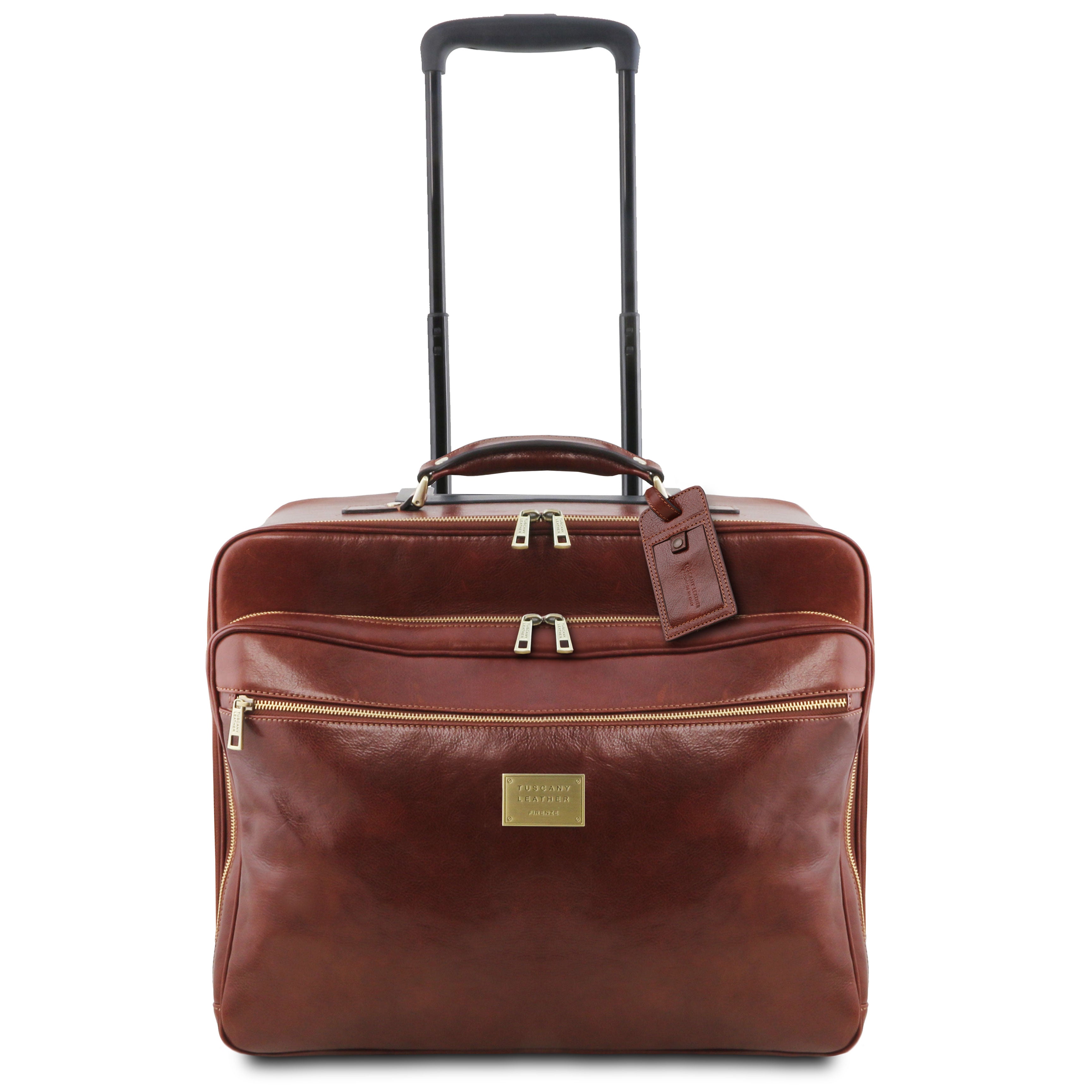 Varsavia pilotväska i brunt läder med utdragbart handtag