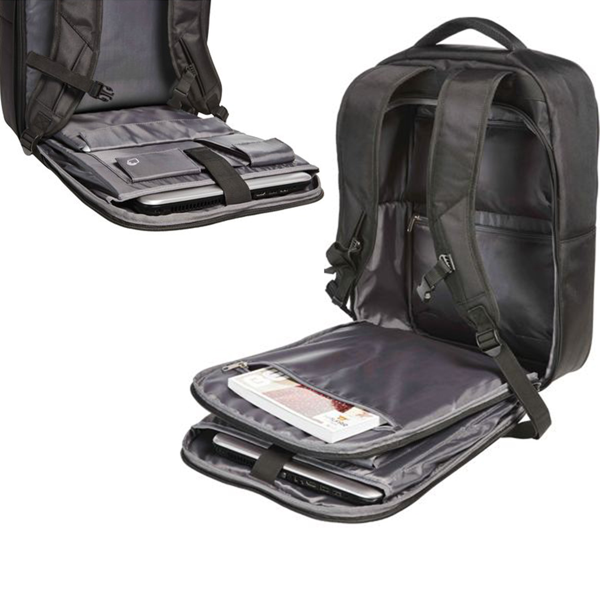 Öppen business-ryggsäck med organiserade fack för laptop, dokument och tillbehör